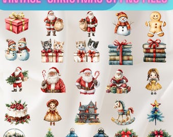 May include: A collection of 31 vintage Christmas PNG files. The illustrations include Santa Claus, snowmen, gingerbread men, kittens, books, a girl in a yellow dress, a house, a rocking horse, Christmas trees, lanterns, wreaths, and a snow globe.