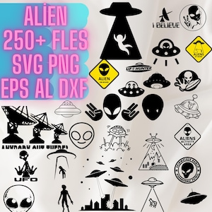 May include: A collection of 250+ black and white alien-themed SVG, PNG, EPS, AI, and DXF files. The images include aliens, UFOs, and other related designs.