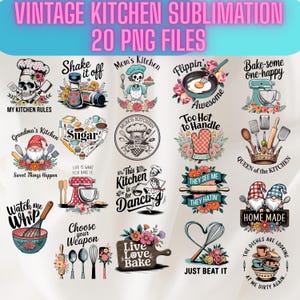 Puede incluir: Un conjunto de 20 archivos PNG con diseños de cocina vintage. Los diseños incluyen un chef calavera, gnomos, utensilios de cocina y frases como "My Kitchen Rules" y "Live Love Bake". Las imágenes son de varios colores y estilos.