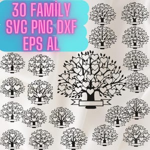 Może przedstawiać: Zestaw 30 czarno-białych plików drzewa genealogicznego w formacie SVG, PNG, DXF, EPS i AI. Każde drzewo ma kontur w kształcie serca dla każdego członka rodziny.