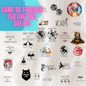 May include: A collection of 150 digital designs featuring various animals and the phrase "Mother of" with different animal names. The designs are in black and white and feature a variety of animals, including cats, dogs, dragons, and more. The designs are perfect for creating custom t-shirts, mugs, tote bags, and other personalised items.