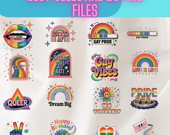 May include: A collection of 20 PNG files with LGBT-themed designs. The designs include rainbows, text like "Gay Pride," "Love is Love," and "Queer," and other celebratory graphics. The text "LGBT Celestial 20 PNG Files" is at the top.
