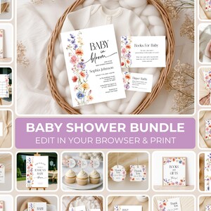 May include: A baby shower bundle featuring floral designs. The central image shows an invitation with the text "Baby in Bloom" and other coordinating items like thank you cards, diaper raffle cards, and a calendar. The bundle is designed for editing and printing.
