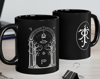 Portas de Durin Caneca de cerâmica, design de porta élfica, símbolo de Tolkien, ideia de presente para fãs do SdA, xícara de café da Terra Média, 11 onças e 15 onças, utensílios para bebidas