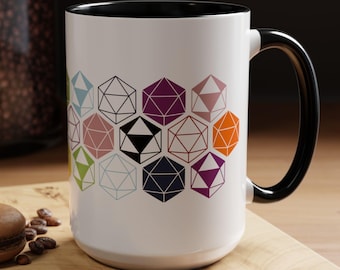 DnD Multicolor Accent Mug, D20 Dice Design, Coffee Cup, RPG, Dungeon Master Gift, Gift for Nerd, Gift for Geek, Role Playing Game Cup, BG3