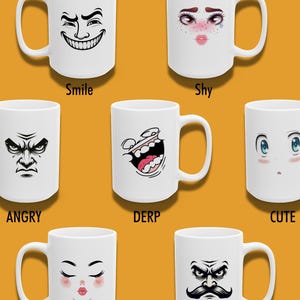 May include: White ceramic mugs with various Roblox-inspired face designs, including "Smile," "Shy," "Angry," "Derp," "Cute," "Kiss," and "Mustache." The mugs are displayed on an orange background with the text "WHICH ROBLOX FACE ARE YOU CHOOSING?"