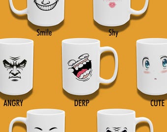 Roblox Faces Mug, Gamer Mug, Choose Your Mood, Smile Shy Angry Cute Kiss Derp Mustache, Double Sided Cup, 11oz, 15oz, Nerdy Gift, Geeky Mug