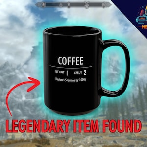 Gamer Tasse, Skyrim inspiriert, Kaffee-Statistiken, lustiges Gaming Geschenk, Dragonborn Tasse, Geburtstagsgeschenk, Elder Schriftrolle Statistikkarte, schwarze Tasse 11oz 15oz