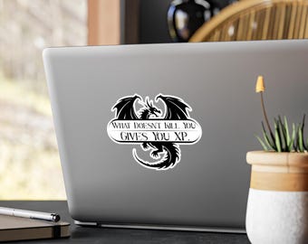 What Doesn't Kill You Gives You XP Sticker, Dragon Decal, For DnD Fans, Gamer Geek Accessory, RPG Laptop Decal, Level Up Decor