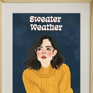 Póster de arte de pared acogedor de otoño "Clima de suéter" Chica con suéter cómodo Decoración de otoño para el hogar Impresión de arte rústico de otoño Ambiente acogedor para la sala de estar