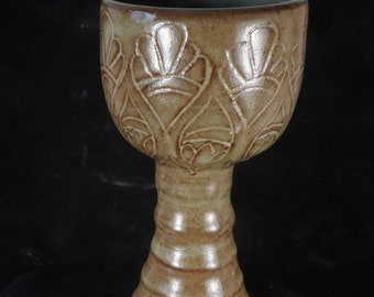 Rustic Brown Carved Paisley Pattern Goblet, Wine Glass, Chalice, Mead Cup, handmade pottery, made in USA