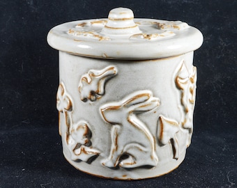 Rustic White/Mushroom Rabbit and Oak Leaf Vanity Pottery Jar, Storage jar, Handmade in USA