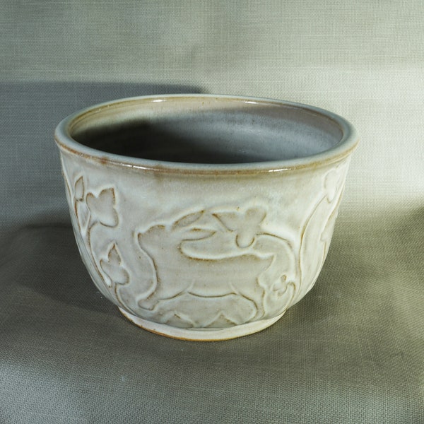 Decorative Carved Rabbit Bowl, mushroom white, medieval oak and clover, rustic elegant handmade pottery, made in USA