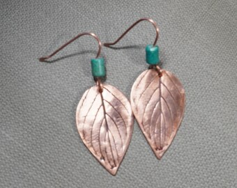 Turquoise Copper Dogwood Leaf Earrings,  Big Bold Earrings, Statement Earrings,  Handmade in USA, Free ship