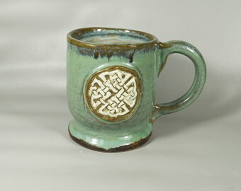 Celtic Dara Knot Ceramic Coffee  Mug in Emerald Green, pottery mug,  Handmade in USA