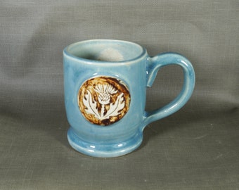 Rustic Medieval Scottish Thistle  Ceramic Coffee  Mug in Cornflower Blue - Handmade Pottery, made in USA