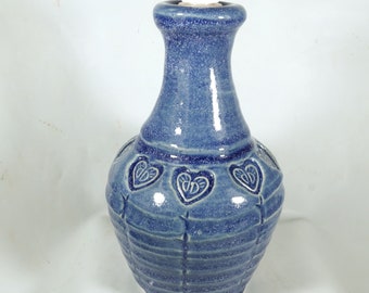 Handmade French Blue Lotion Bottle with Stamped Folk Art Heart, lotion pump, made in USA