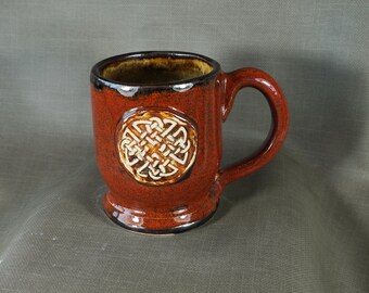 Manly Rustic Celtic Dara Knot Ceramic Coffee  Mug in  Rust Red, pottery mug,  Handmade in USA