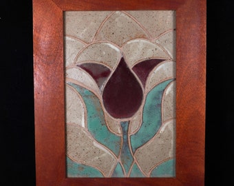 Red Tulip Tile Mosaic Picture with Mahogany Frame, handmade, made in USA