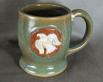 Viking Odin Raven Pottery Coffee Mug, Manly,  Olivine Green, Rust, Handmade in USA, Free Ship