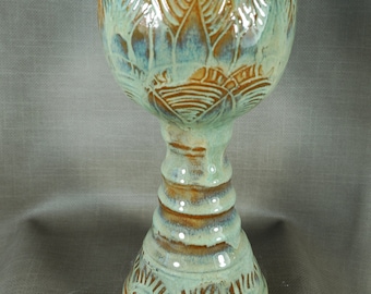 Rustic Emerald Green Carved Goblet, Wine Chalice, Mead Cup, handmade pottery