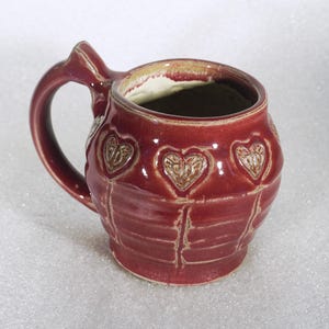 Ruby Red Folk Heart Pottery Coffee Mug,  Large Rustic Ceramic Coffee Cup, Handmade pottery, love mug