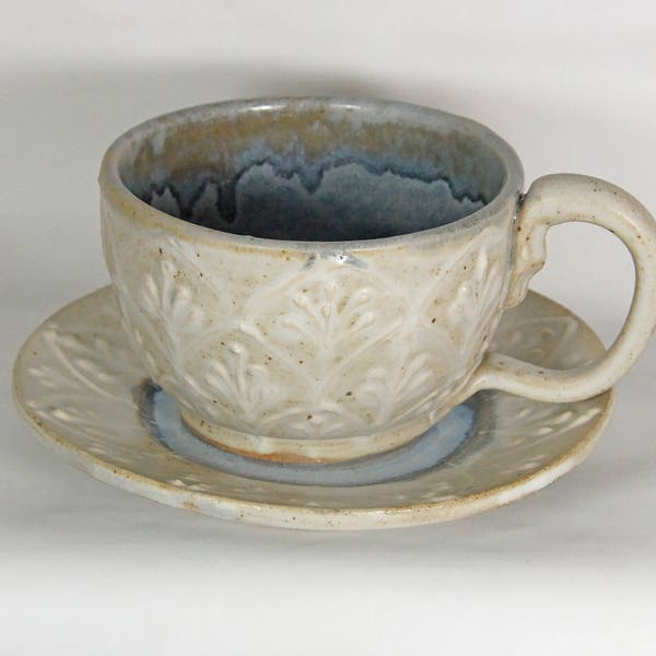 Rustic Jumbo Coffee Mug, Elegant Soup Mug, Blue White, Cup and Saucer, Cottage Chic, Handmade Pottery, Made in USA, Free Ship