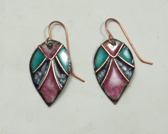 Enameled Raspberry, Turquoise copper Leaf Earrings, Statement Earrings,  Handmade Jewelry, made in USA, free ship