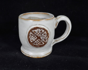 Manly Rustic Celtic Four heart  Knot Ceramic Coffee  Mug in  Mushroom White, pottery mug,  Handmade in USA, free ship