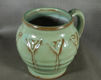 Rustic  Celtic Trinity Knot Large Pottery  Coffee Mug in Light Emerald Green Handmade in USA, free ship