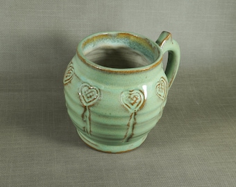Rustic  Celtic Heart Pottery Coffee Mug in Emerald Green, Large Ceramic Coffee Cup, Handmade in USA
