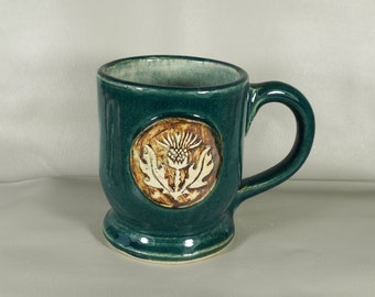 Rustic Medieval Scottish Thistle Ceramic  Coffee  Mug in Forest Green - Handmade Pottery - made in USA