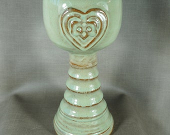 Rustic Handmade  Celtic Heart Pottery Goblet, Wine Glass, Mead Cup, Chalice, Mossy Green - handmade in USA, free ship