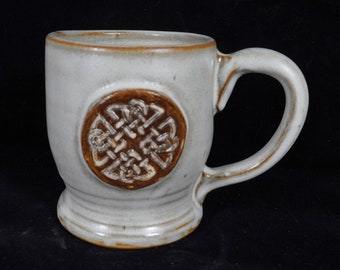 Manly Rustic Celtic Four heart  Knot Ceramic Coffee  Mug in  Mushroom White, pottery mug,  Handmade in USA, free ship