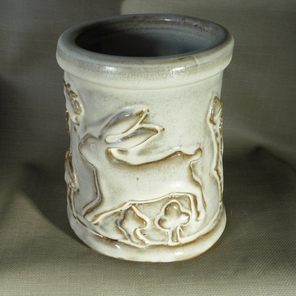 Rustic Medieval White Rabbit Utensil Caddy, handmade pottery, made in USA