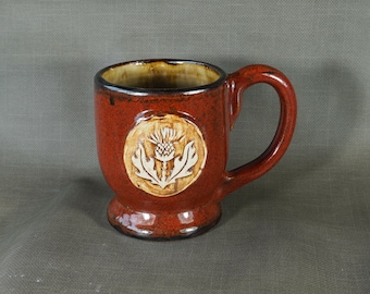 Scotish Thistle  Rustic Coffee  Mug in Rust Red, pottery mug,  Handmade in USA