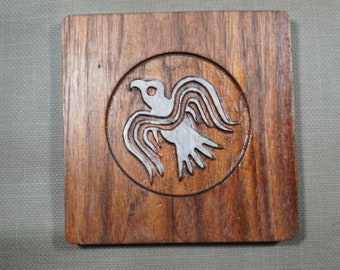 Rustic Carved Walnut Odin Raven Viking Coaster Set - Large Walnut Coaster Set - Handmade in USA