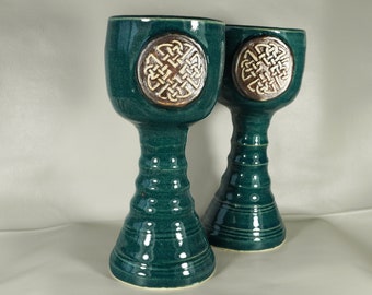 Rustic Handmade  Celtic Dara Heart Knot Pottery Goblet, Green, Forest Green and Brown, handmade pottery, made in USA