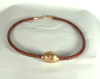 Golden Bronze Floral Bead Collar Necklace, woven leather, handmade bronze, made in USA
