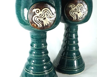 Handmade Rustic Medieval Pottery Goblet with Viking Raven in Forest Green - handmade in USA