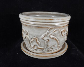 Handmade Rabbit pottery planter, white with medieval oak and clover, handmade in USA