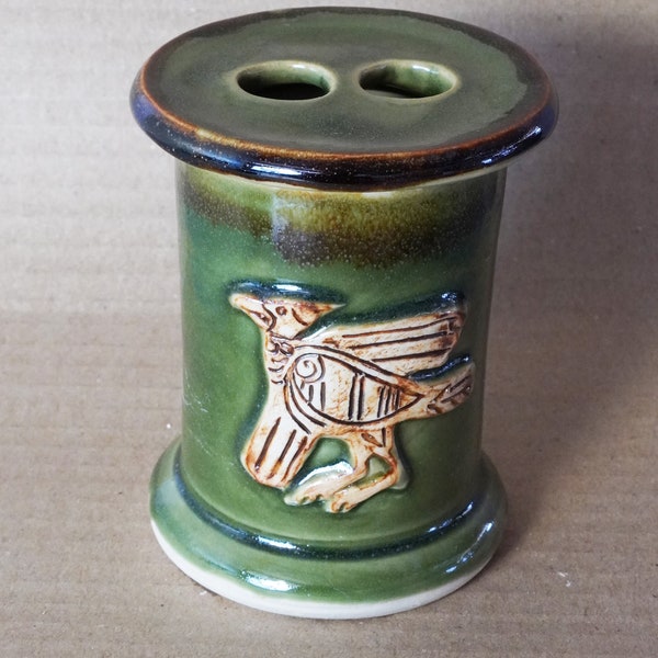 Handmade Pottery Rustic Toothbrush Holder with Viking Bird in Moss Green, Made in USA