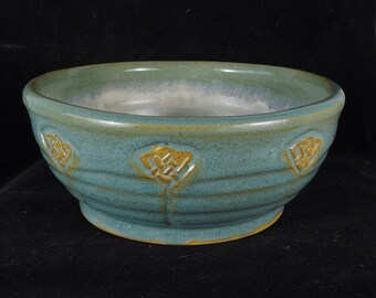 Rustic Cyan Blue Green  Celtic Heart Ceramic Serving bowl, Handmade Pottery, Made in USA