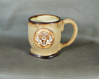 Scotish Thistle  Rustic Coffee  Mug in camel brown, pottery mug,  Handmade in USA