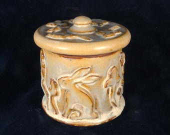 Rustic Beige Rabbit and Oak Leaf Vanity Jar, sugar jar, Handmade Pottery, made in USA