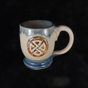 Celtic Knot Rustic Coffee  Mug in Blue and Beige, manly geometric quartenary knot, pottery mug,  Handmade in USA