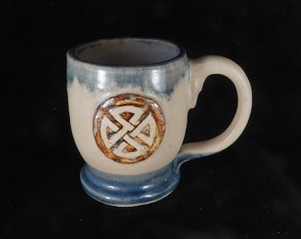 Celtic Knot Rustic Coffee  Mug in Blue and Beige, manly geometric quartenary knot, pottery mug,  Handmade in USA