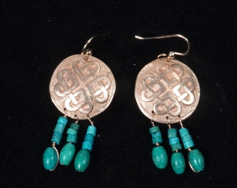 Celtic Warrior Woman Heart Knot Shield Earrings ,   Golden Bronze with Turquoise Beads, handmade jewelry, made in USA, Free Ship