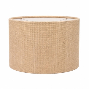 May include: A cylindrical lamp shade featuring a textured, light tan hessian fabric exterior. The interior of the shade is lined with a smooth, solid white material, and it includes a metal frame structure visible at the top opening.