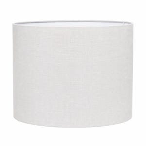 May include: A cylindrical lamp shade featuring a light grey, textured fabric exterior. The shade has a clean, simple design with an open top and bottom, showcasing a smooth, uniform surface that wraps around the entire circular frame structure.